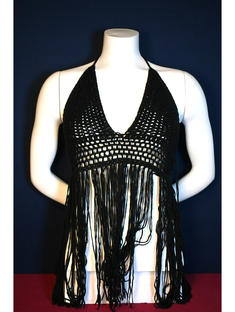 Boho Crochet Fringe Top Black halter Neck Festival Beach Bikini Cover up READ..